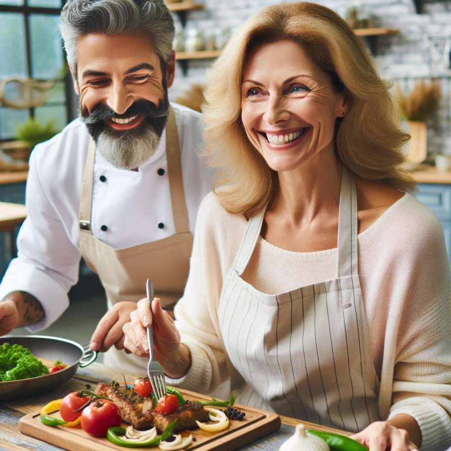 אישה בת 50 שמחה בסדנאת בישול ליד השף